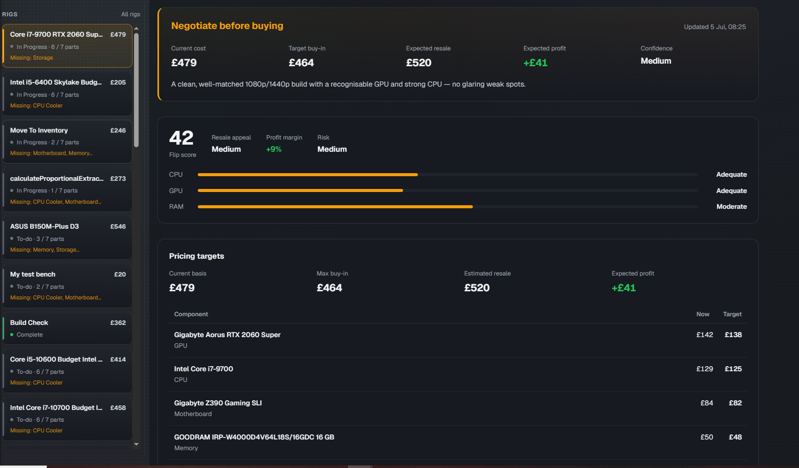 FliprForge AI Insights overview with decision, flip score, and pricing targets