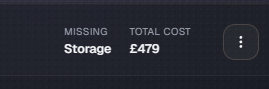 FliprForge rig header showing missing storage and current total cost